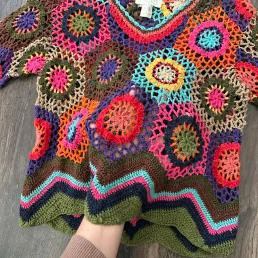 Vintage Express Tricot Open Knit Sweater Bright Floral Patchwork V-Neck Size Lg - Picture 7 of 8